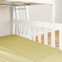 White wooden bunk bed with ladder and yellow bedding in a modern bedroom setting.