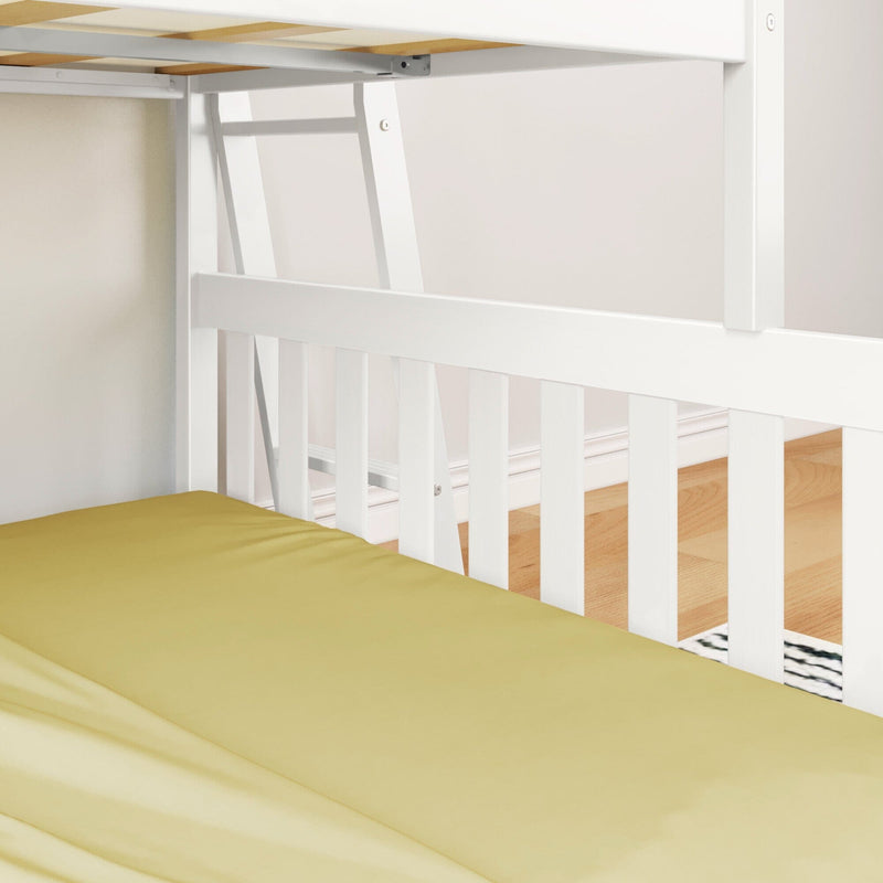 White wooden bunk bed with ladder and yellow bedding in a modern bedroom setting.