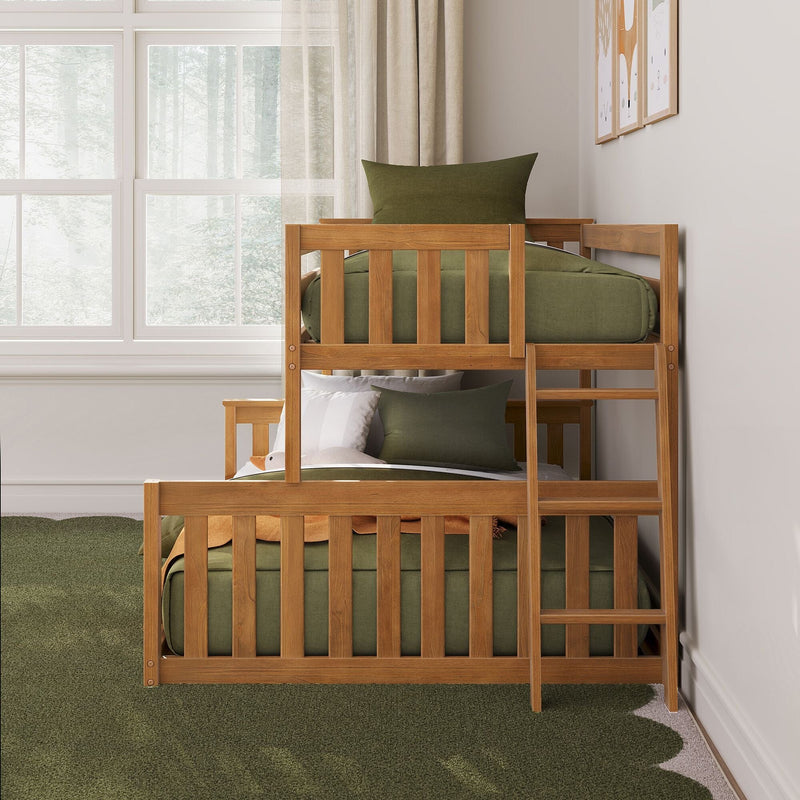 Wooden bunk bed with olive-green bedding and pillows in a bright kids’ bedroom with ladder, large window, sheer curtains, and Scandinavian nursery decor