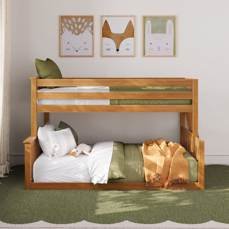 Wooden kids bunk bed with olive green bedding, white pillows, orange throw and plush duck, beneath three framed animal nursery prints on a neutral wall