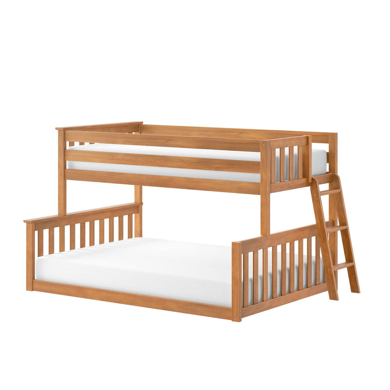 Twin-over-full solid wood bunk bed in natural oak finish with slatted guardrails, angled ladder and white mattresses — space-saving kids’ bedroom furniture.
