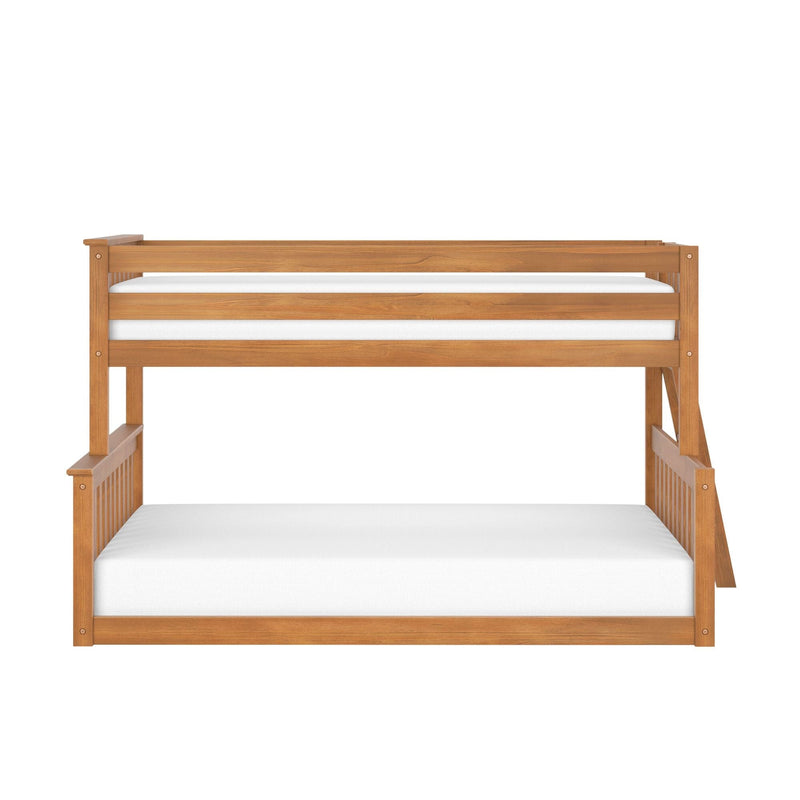 Front view of a natural finish solid wood bunk bed frame with white mattresses on a white background