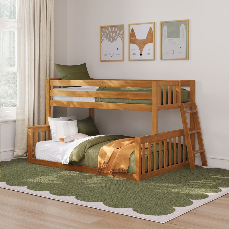 Wooden bunk bed with green bedding and ladder in modern kids' bedroom featuring animal wall art, curtains and rug