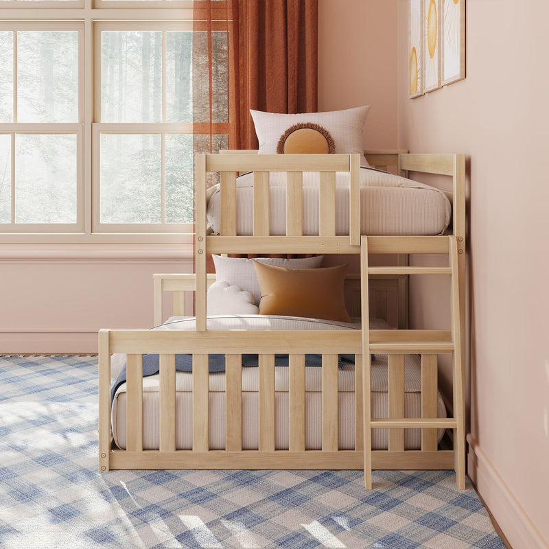 Cozy kids bedroom with natural wooden bunk bed, pastel pink walls, large sunlit window with sheer curtains, round accent pillows and plaid rug, modern kids room decor