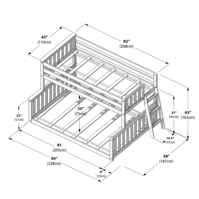 Bunk bed frame dimensions diagram showing wooden loft/bunk bed assembly with ladder, guardrails and mattress slats, labeled measurements in inches and centimeters