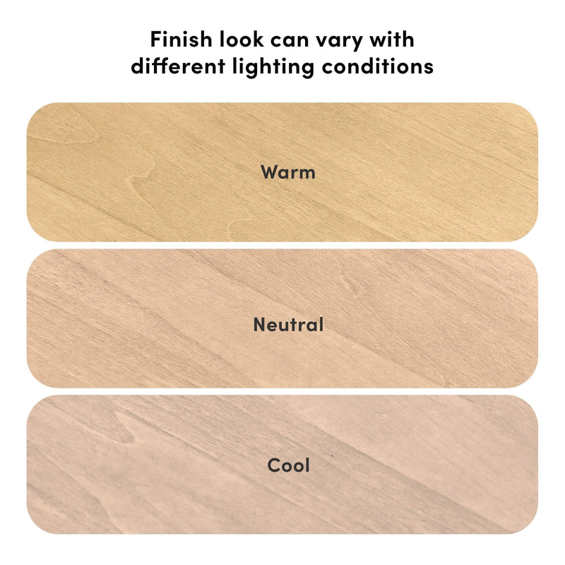 Wood finish samples labeled Warm, Neutral, and Cool illustrating how finish look varies under different lighting conditions.