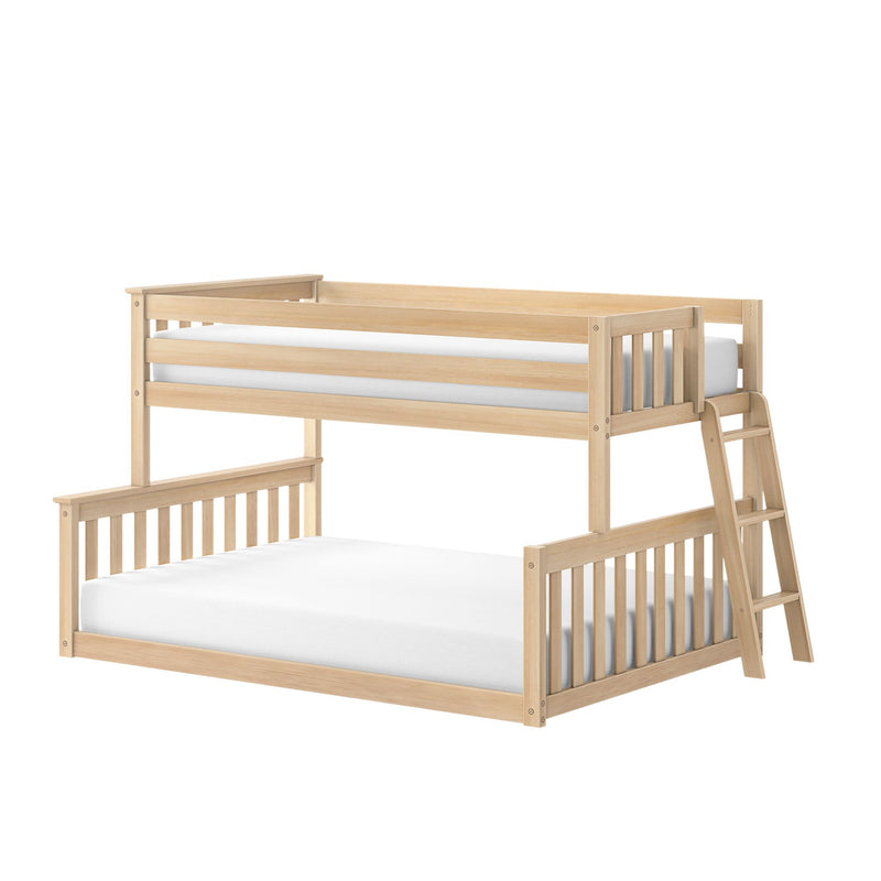 Light natural wood twin-over-full bunk bed with angled ladder, slatted headboard and footboard, modern space-saving kids bedroom furniture