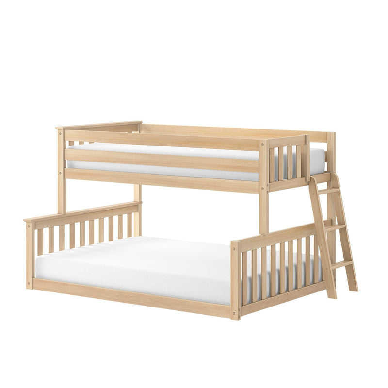 Natural wood bunk bed with ladder and slatted guardrails, minimalist kids loft bed for space-saving bedrooms