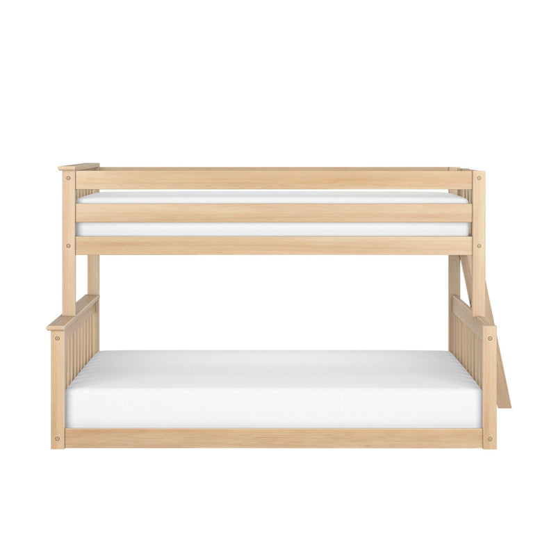 Natural wood twin-over-full bunk bed with ladder and slatted rails, white mattresses, space-saving children's bedroom furniture