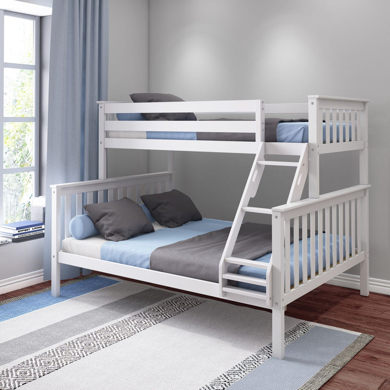 White wooden bunk bed in modern kids' bedroom with blue and gray bedding, ladder, light-blue curtains, window and striped area rug
