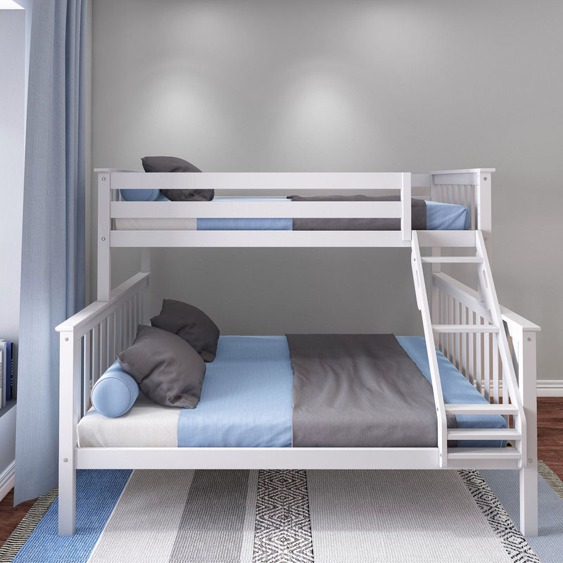 White wooden bunk bed with ladder, blue and gray bedding in a modern kids' bedroom — space-saving design