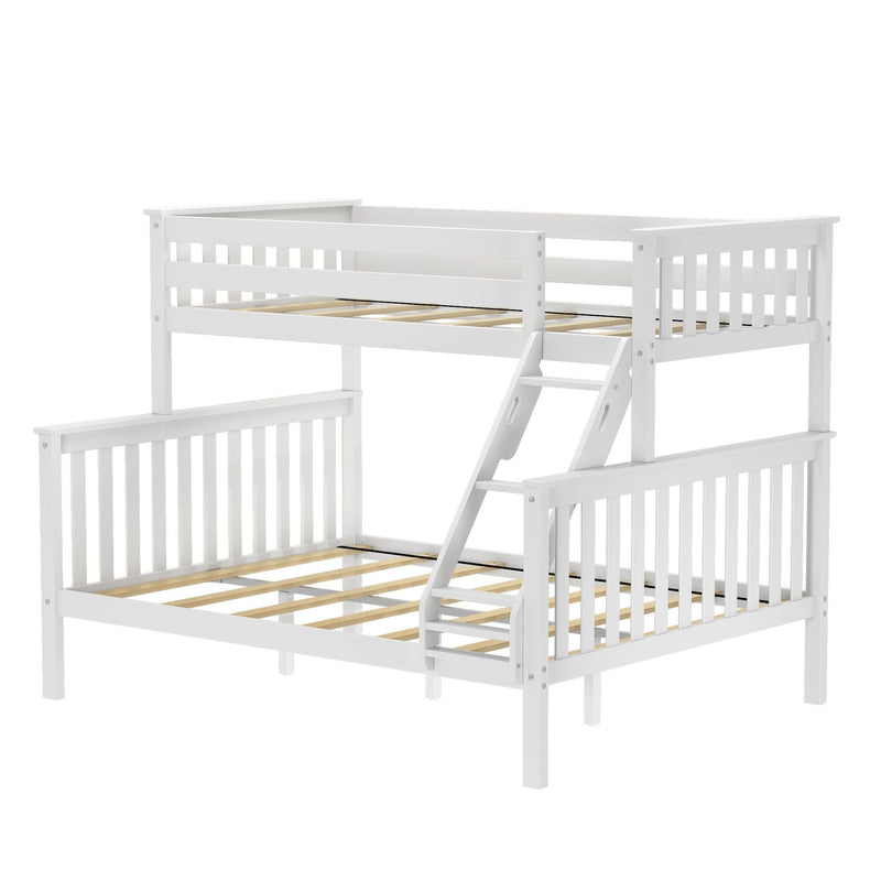 White wooden twin-over-full bunk bed with angled ladder and slatted rails, space-saving kids bedroom furniture ideal for shared rooms
