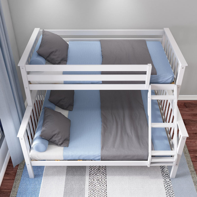 White wooden two-level bunk bed with ladder and guardrails, blue and gray bedding and pillows, patterned rug on hardwood floor in a modern space-saving kids' bedroom
