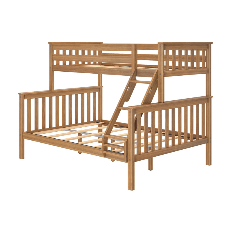 Natural wood loft bunk bed with ladder and slatted guardrails, twin-over-full space-saving frame for kids' bedroom