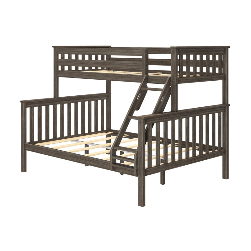 Twin-over-full wooden bunk bed in gray weathered finish with slatted platform supports, angled ladder and farmhouse-style guardrails