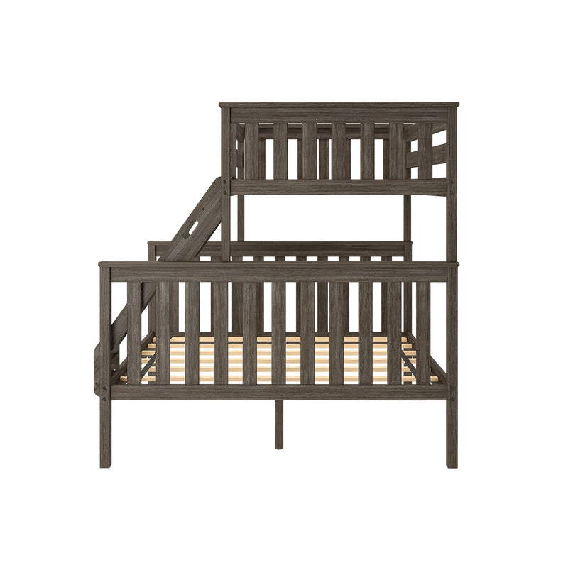 Gray rustic wooden bunk bed with built-in ladder, vertical slatted guardrails and platform slats — space-saving loft-style bedroom frame