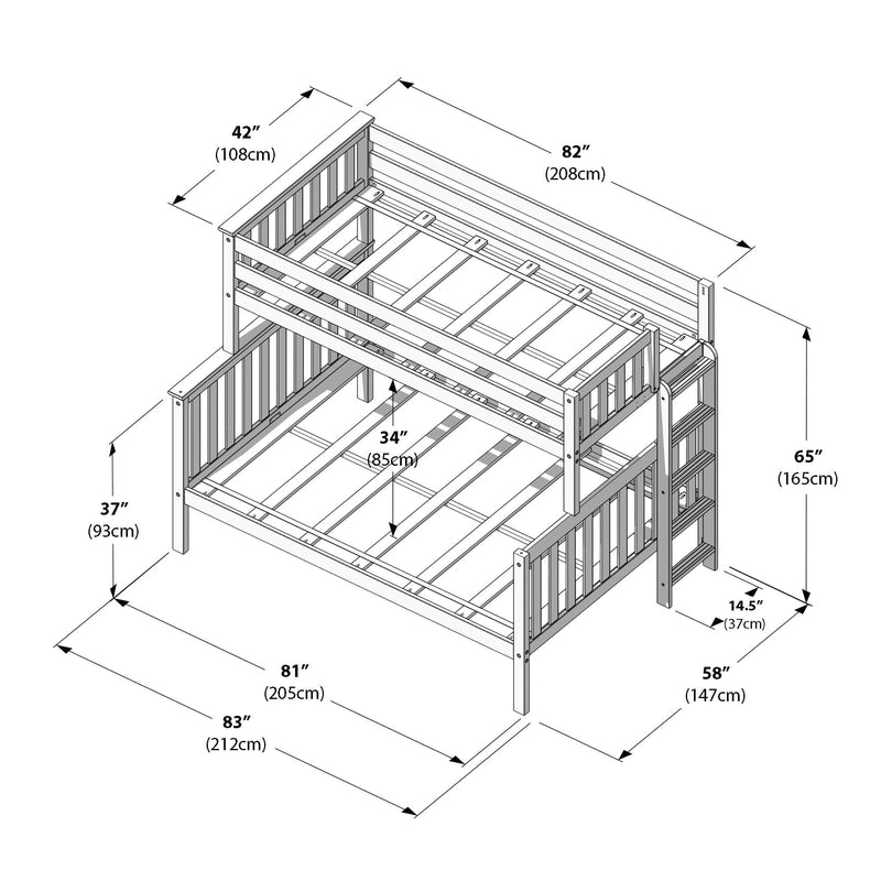 Assembly diagram of wooden twin-over-full bunk bed with ladder and safety rails, exploded frame view showing dimensions in inches and centimeters (82 in/208 cm length, 42 in/108 cm top rail, 65 in/165 cm height, 81 in/205 cm base)