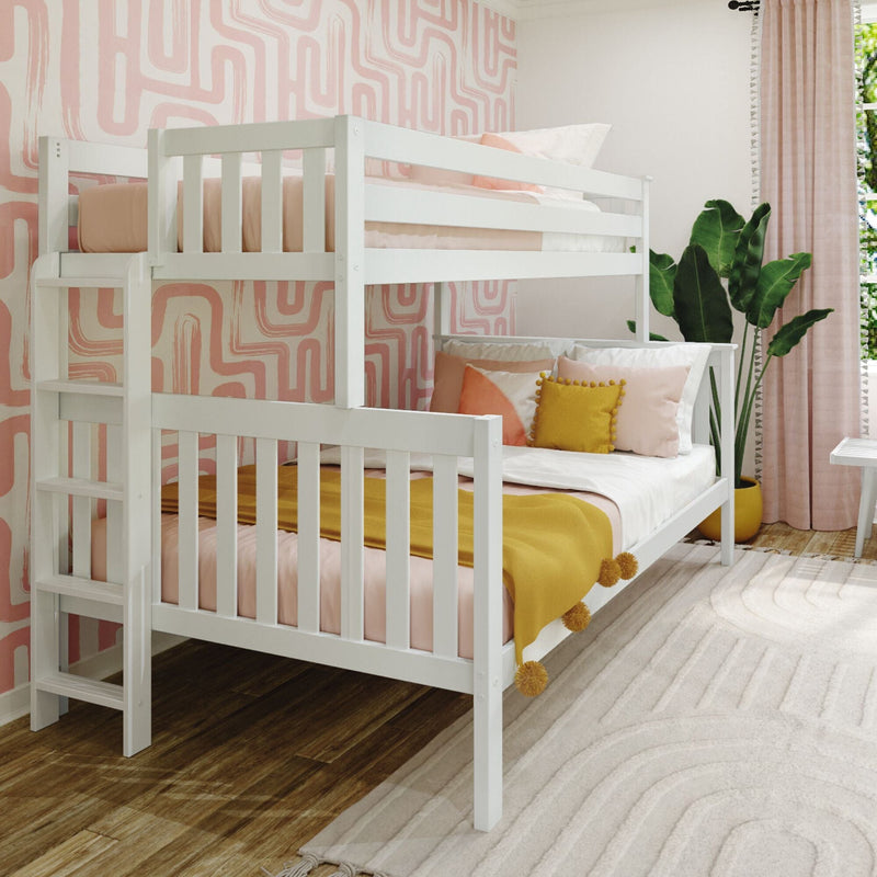 White wooden twin bunk bed in modern girls' bedroom with pink geometric wallpaper, mustard throw blanket, decorative pillows and potted plant
