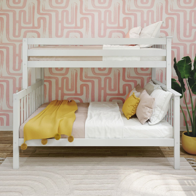 White wooden bunk bed in kids bedroom with pink abstract geometric wallpaper, mustard yellow throw and pillows, neutral bedding and potted plant, modern nursery decor