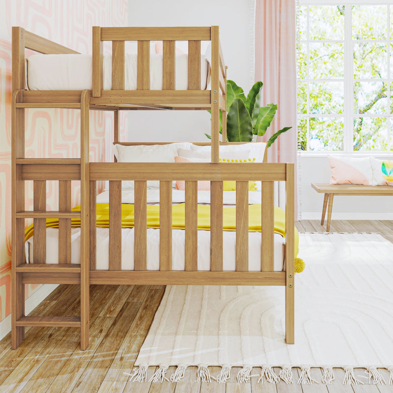 Wooden bunk bed with ladder in bright kids' bedroom, yellow bedding, pink patterned wallpaper, large sunlit window and indoor plant