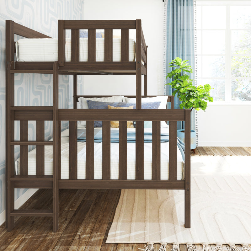 Walnut wooden bunk bed (twin-over-full) in bright kids' bedroom with blue curtains, decorative pillows and potted plant, modern farmhouse natural wood finish