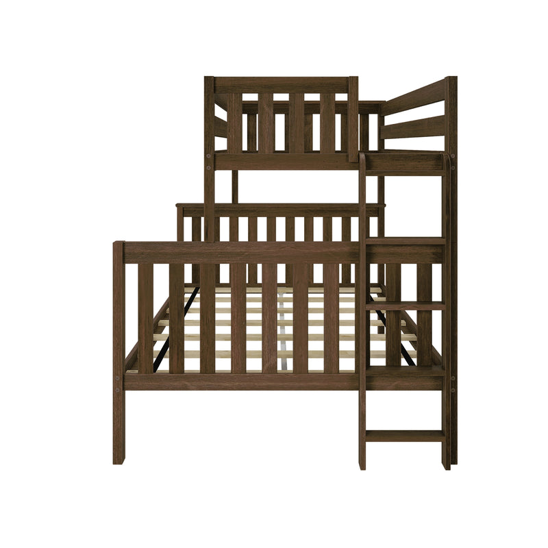 Dark brown wooden twin-over-twin bunk bed frame with ladder and vertical slatted guardrails, modern rustic bedroom furniture