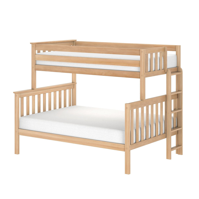 Natural wood loft-style bunk bed with ladder, slatted guardrails and white mattresses for kids' bedroom