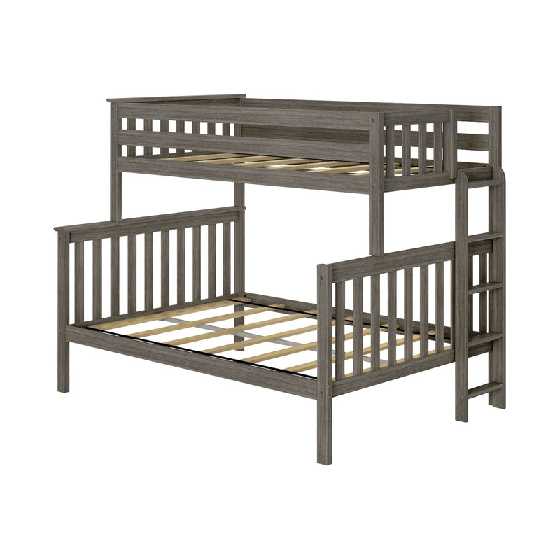 Gray wood twin-over-full bunk bed frame with slatted guardrails, built-in ladder and wooden slat mattress supports, angled studio view on white background