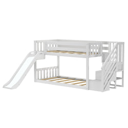 White wooden bunk bed with slide and stairs, children's bedroom furniture.