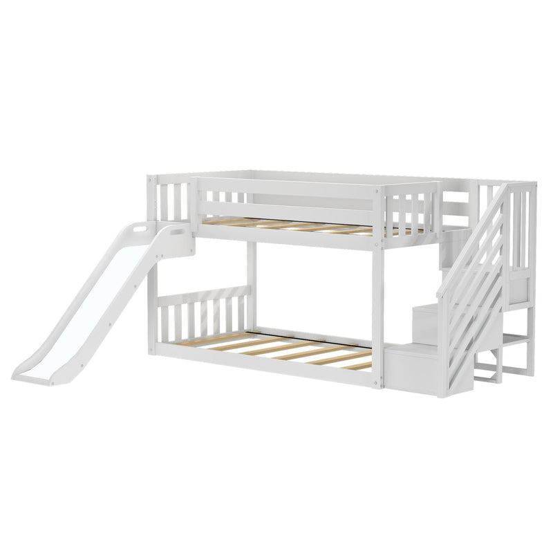 White wooden kids loft bunk bed with slide and staircase storage, guardrails and slatted mattress frames, modern design
