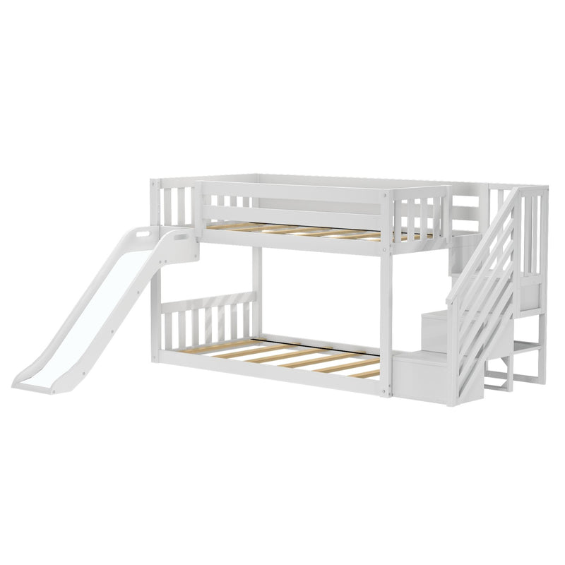 Twin Over Twin Low Bunk Bed With Slide & Stairs