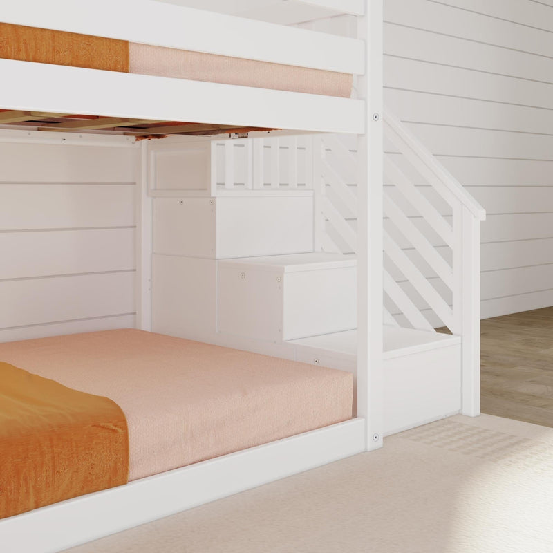 White loft bunk bed with stairs and built-in storage, pink mattress and orange bedding in modern kids' bedroom with shiplap walls