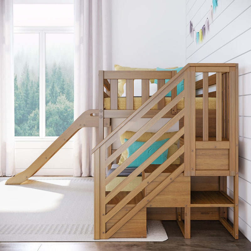 Wooden loft bed with stairs and slide in a modern children's bedroom.