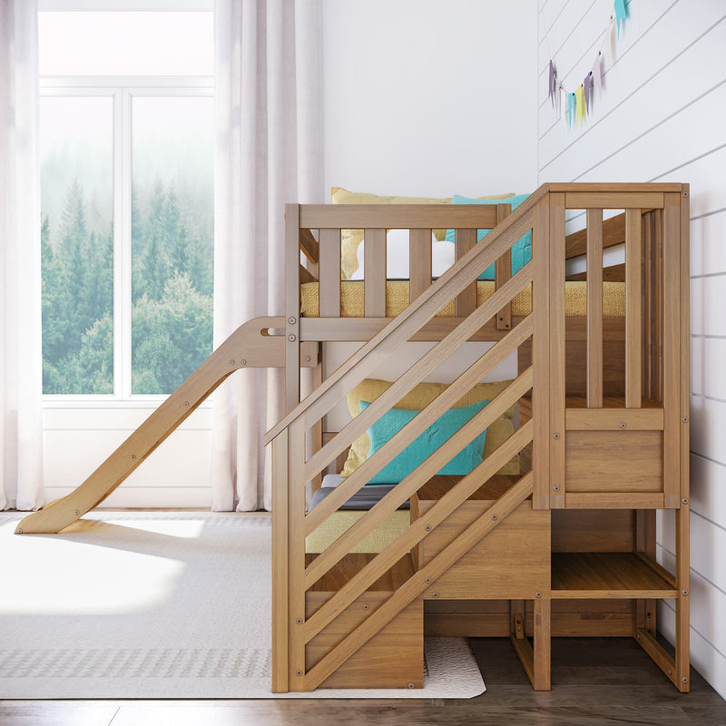 Modern natural wood bunk bed with slide in bright kids' bedroom, pastel pillows and bunting, large window with forest view and white shiplap walls