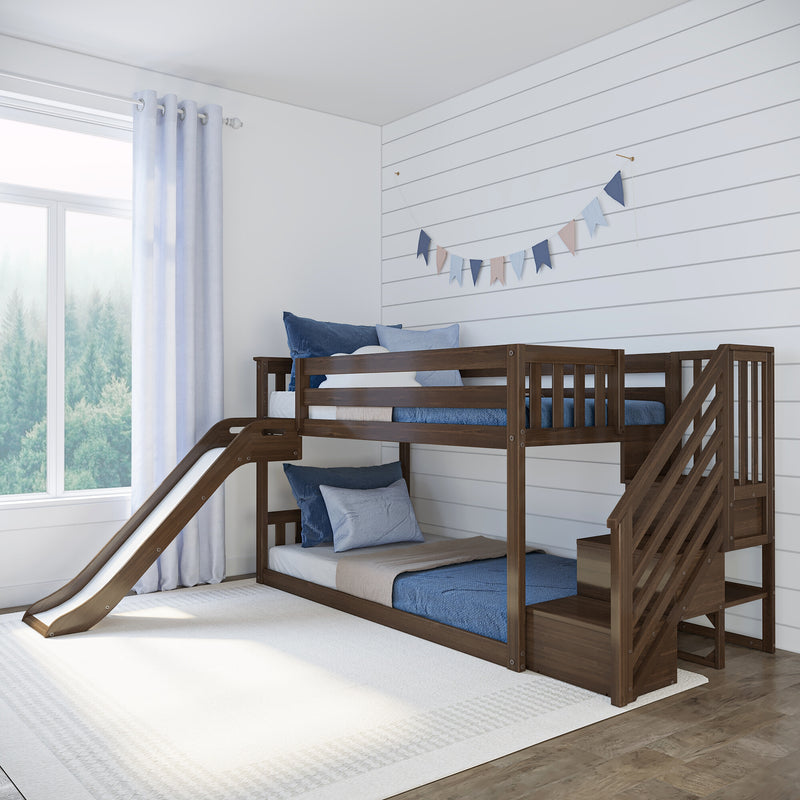 Twin Over Twin Low Bunk Bed With Slide & Stairs