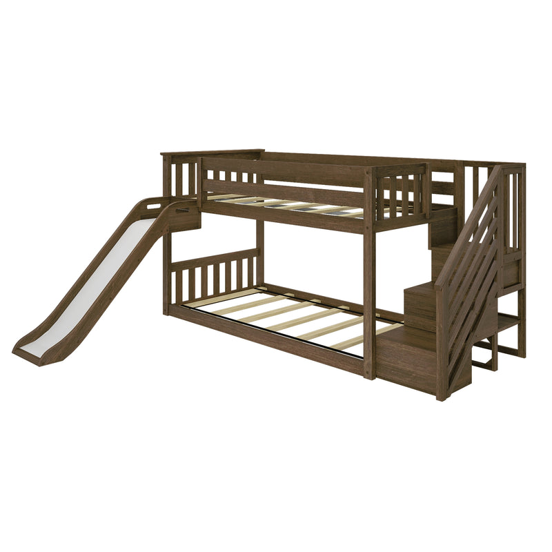 Twin Over Twin Low Bunk Bed With Slide & Stairs