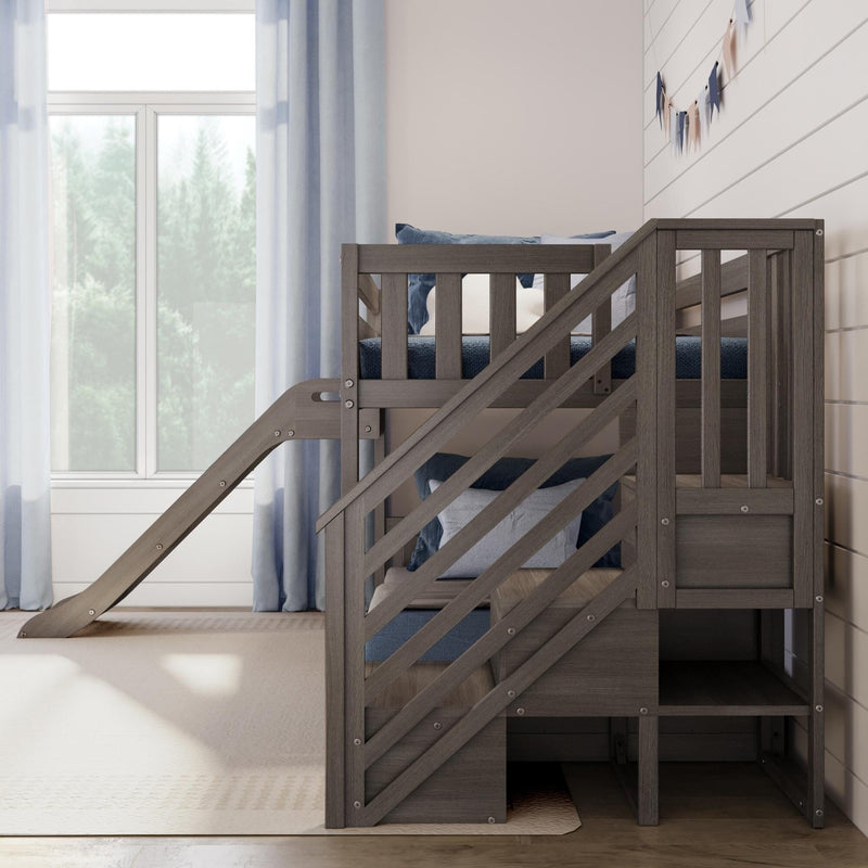 Gray wooden loft bunk bed with slide in modern children's bedroom, blue curtains, shiplap wall and cozy bedding