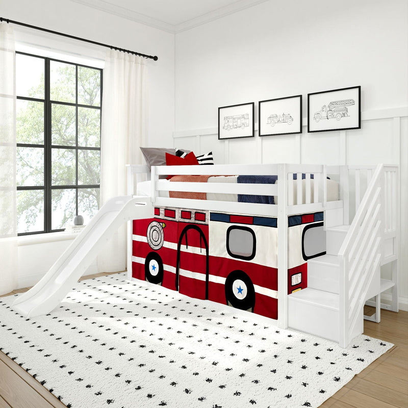 Kids loft bed with slide and stairs, white wooden frame with red fire truck play curtain in a modern children's bedroom with large window and patterned rug