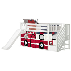 Kids' fire truck-themed loft bed with slide and ladder, perfect for playful bedroom designs.