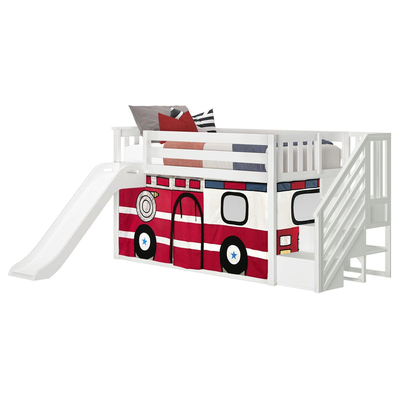 White children's loft bed with slide and stairs, twin mattress, red fire truck-themed play tent curtain and under-bed storage