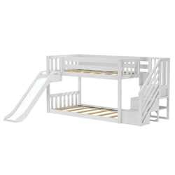 White wooden bunk bed with slide and stairs for kids.