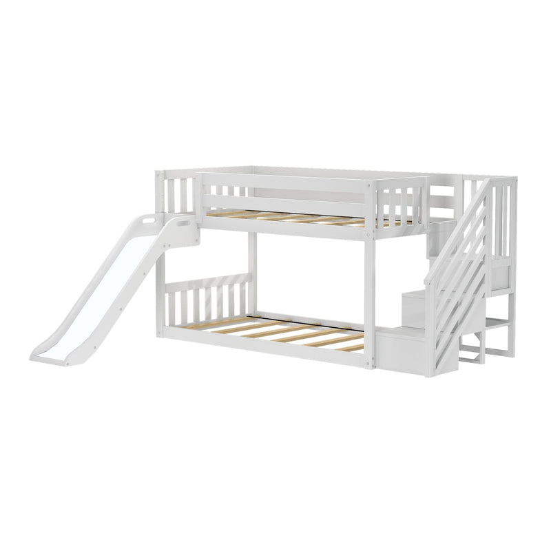 White wooden twin-over-twin bunk bed with slide and staircase storage, slatted platforms, modern space-saving kids' bedroom loft bed