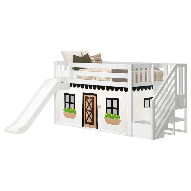 White wooden twin loft bed for kids with slide, built-in storage stairs and playhouse curtain featuring windows, door and flower boxes