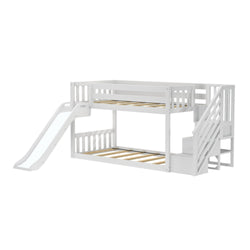 White wooden bunk bed with stairs and slide for kids.