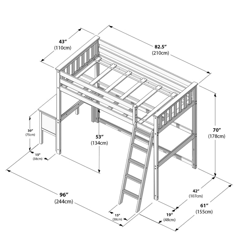 Wooden loft bed dimensions diagram with ladder, guardrails and under-desk storage area, measurements in inches and cm