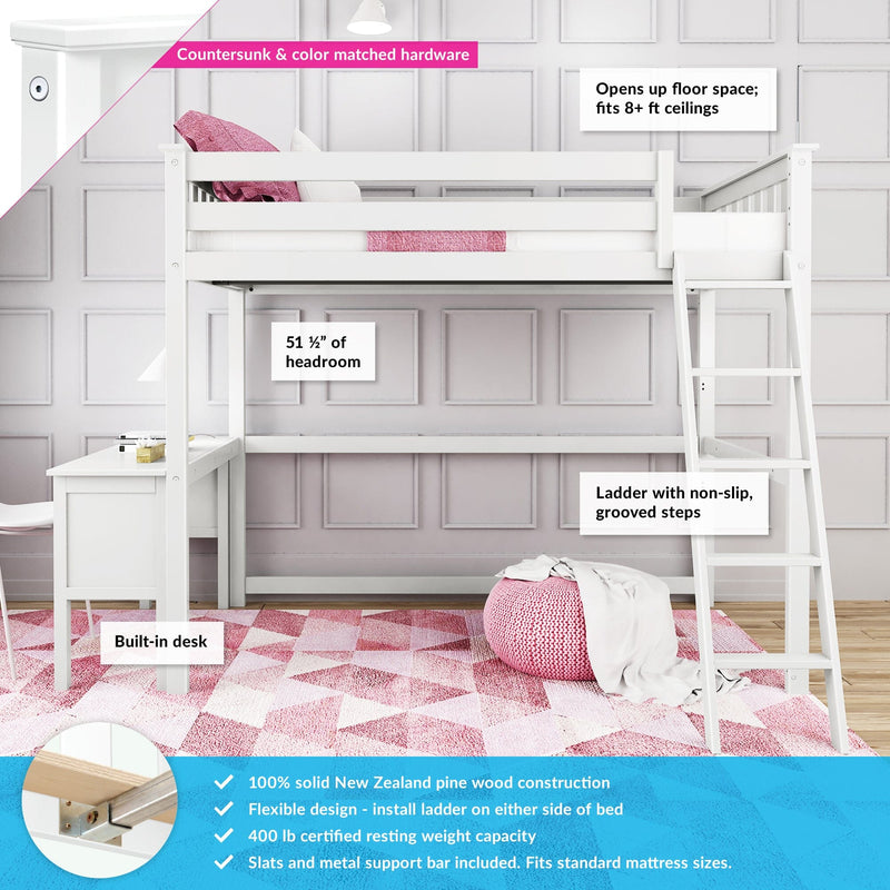 White loft bed with built-in desk and ladder, pink rug and pouf, paneled wall background — space-saving children's bedroom furniture