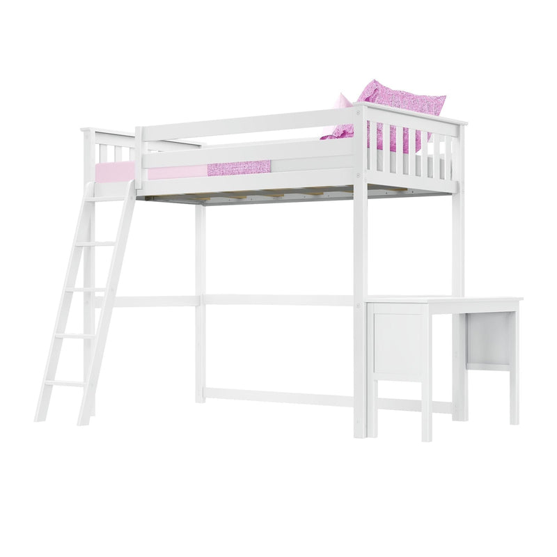 White loft bed with integrated desk and pink bedding.
