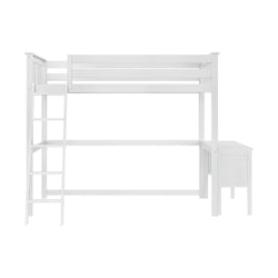 White wooden loft bed with attached desk and ladder for small spaces.