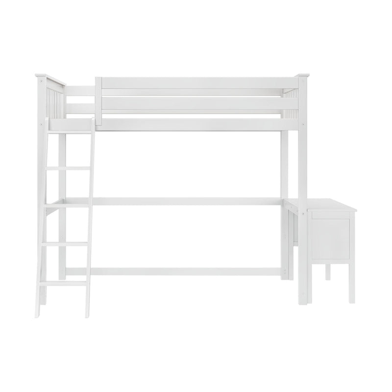 White wooden loft bed with attached desk and ladder for small spaces.