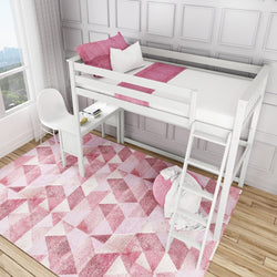 White loft bed with integrated desk and chair, featuring pink bedding and geometric-patterned pink rug.